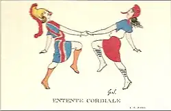 Французская открытка, в которой изображен танец Марианны и Британии, символизирующий новорожденное сотрудничество между двумя странами.