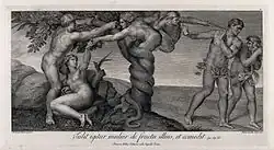 Искушение Евы запретным плодом и изгнание из Рая. 1772. По фреске Микеланджело в Сикстинской капелле. Офорт