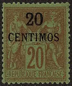 Надпечатка 20 сентимо на французской марке в 20 сантимов (Yt #4)