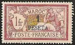 То же — 1 песета на марке в 1 франк, тип Мерсон