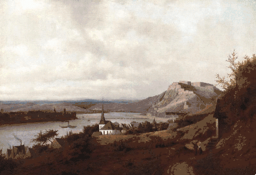 Вид из деревни Пфаффендорф на Рейн, город Кобленц (вдалеке слева) и крепость Эренбрайтштайн (вдалеке справа).