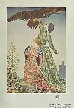 «Защита от агрессии», три аллегории: Две девушки (французская республика и английская империя) защищаются от орла (Германская империя), английская гравюра,  Фрэнсис Эрнест Джексон, 1914 год.