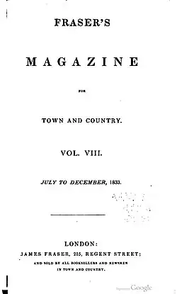 Fraser’s Magazine, титульный лист т. VIII (июль — декабрь 1833). В декабрьском номере был впервые опубликован роман Томаса Карлейля Sartor Resartus
