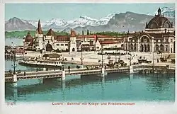 Люцерн, Швейцария. Железнодорожный вокзал с Музеем войны и мира. 1856. Раскрашенная архивная фотография