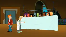 Профессор Фарнсворт показывает Фраю умерших пассажиров «Межпланетного Экспресса»