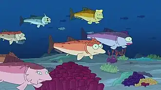 Начиная с нижнего левого угла по часовой стрелке: Эми, Скраффи, Бендер, Зепп Браниган, Лила, Фрай в виде лососей