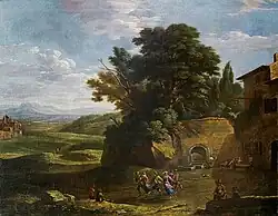 Римский пейзаж с танцующими крестьянами. Между 1646 и 1681. Холст, масло. Частное собрание