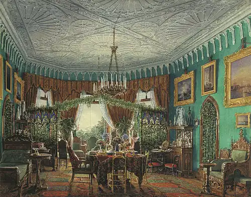 Э. П. Гау. Гостиная Коттеджа. Бумага, акварель. 1861.Картина Фридриха «На паруснике» видна справа посередине.