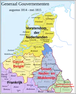 Суверенное княжество объединённых Нидерландов выделено тёмно-жёлтым цветом