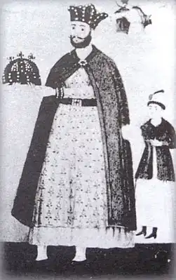 Царь Георгий VIII и его юный сын, будущий царь Кахетии Александр. Ныне утраченная фреска из Светицховели.