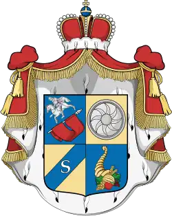 ОГ V, 7
Щит разделен на четыре части, из коих в первой части, в голубом поле, диагонально с правого нижнего угла изображено свернутое знамя красного цвета, и над оным виден ездок с копьем, скачущий на белом коне в правую сторону. Во второй части, в золотом поле, – щит. В третьей части, в золотом же поле, находится голубая полоса, означенная диагонально с левого верхнего угла, на которой посредине видна литера S. В четвертой части, в голубом поле, золотой рог изобилия. Щит покрыт мантиею и шапкою, принадлежащими Княжескому достоинству.