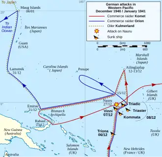 Map of the South Pacific showing the routes taken by the German vessels and locations where Allied ships were sunk as described in the article