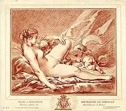 Обнажённая женщина, лежащая на спине на кушетке с двумя путти. Гравюра в карандашной манере по рисунку сангиной Ф. Буше. Между 1756 и 1776. Британский музей, Лондон