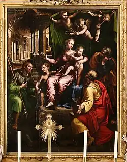 Главный алтарь (Алтарь Фуггера). Дж. Романо. Святое семейство со святыми Иаковом, Иоанном Крестителем и Марком. 1522