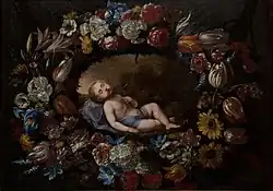 Дж. Рекко и Н. Ваккаро. Младенец Иисус, спящий в цветочной гирлянде. Между 1660 и 1695. Холст, масло. Частное собрание