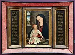 Триптих с изображением Мадонны с младенцем в центре, и текстом молитвы «Славься царица» (на латыни) на боковых створках. Дерево, масло. Музей изящных искусств, Турне, Бельгия