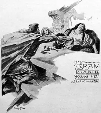Грам убивает Хенрика, короля саксов, сосватанного к Сигни, дочери Вёльсунга. Иллюстрация Луиса Му к «Деяниям данов» Саксона Грамматика (1898 г.)
