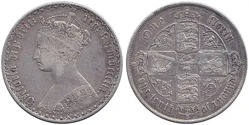 Две розы Тюдоров на реверсе "готического" флорина 1859 года (mdccclix). Великобритания, королева Виктория. Серебро 925 пробы.