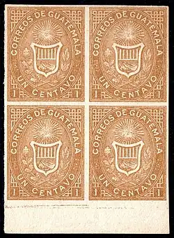 1 сентаво (Sc #1a), квартблок негашёных беззубцовых марок