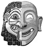 Символическое изображение греко-пунийского сосуществования на Сицилии: слева греческая горгона, справа финикийская «смеющаяся» маска