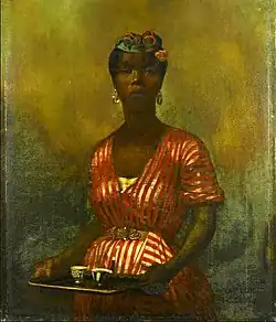 Портрет чернокожей служанки с кофейными чашками на подносе