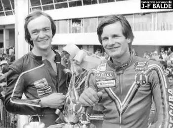 Эрве Гийё и Жан-Франсуа Блейд на подиуме трассы им. Поля Рикара. 1981 год