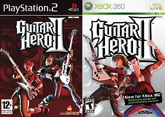 Изображения двух Box Art'ов Guitar Hero II.Слева: PlayStation 2, PAL.Справа: Xbox 360, NTSC.