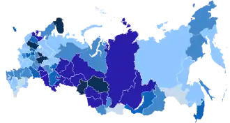 Количество людей, живущих в России с ВИЧ, на 100 тысяч населения
 более 1000
 700-999
 500-699
 300-499
 100-299
 менее 100