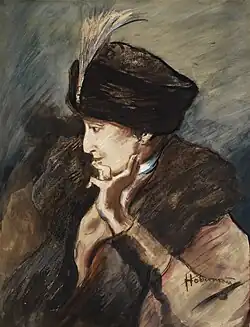 Портрет молодой женщины в шляпе с пером. Картон, темпера, пастель