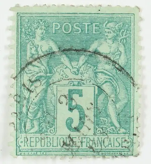 1876: 5 сантимов (Mi #59IIa; Yt #75; SG #228).Тип II: буква «N» в слове «INV» по нижнему краю располагается под буквой «U» в «REPUBLIQUE»