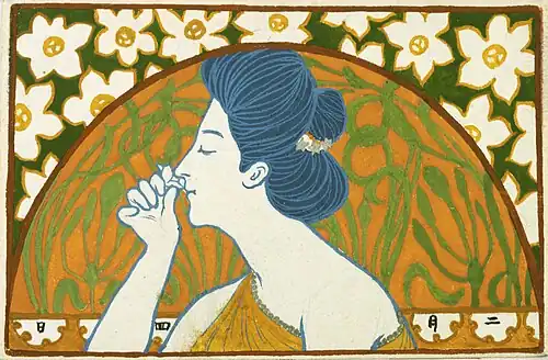 «Женщина, нюхающая цветок», открытка, 1905 год