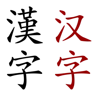 Слово «китайские иероглифы», чёрным слева в традиционном написании (Тайвань, Япония, Гонконг), красным справа — в упрощённом (КНР)