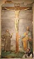 Хендрик ван ден Брук. Распятие со святыми Франциском и Геркуланусом Перуджийским. 1565. Фреска
