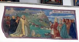 Герман Альтайхский (слева). Фреска церкви Св. Марии в Хенгерсберге