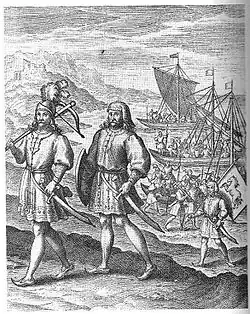 «Прибытие первых предков англичан из Германии в Великобританию»: причудливое изображение англосаксонской миграции — событие, центральное в английском национальном мифе. Из Восстановление разложившегося интеллекта Ричарда Верстегана[англ.] (1605)