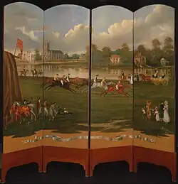 Скачки на золотой кубок герцога Кларенса в Хэмптоне. Роспись ширмы.