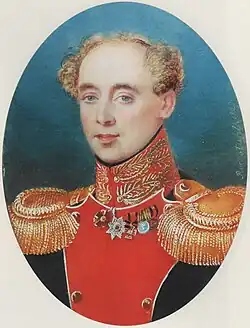 Портрет полковника Ивана Петровича Хомутова 1829 г. Кость, гуашь. 6,7х5 смРабота А. П. РокштуляУльяновский областной художественный музей