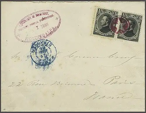 Две марки номиналом в ½ реала (Mi #17) на конверте, отправленном в 1889 году из Тегусигальпы в Париж