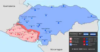 Карта боевых действий. Красным выделен Сальвадор и оккупированные им территории Гондураса, синим - Гондурас.