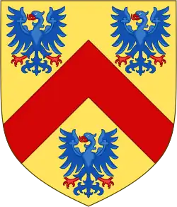 золотой щит с червлёной перевязью, сопровожденный тремя голубыми орлянками с клювами и лапами красного цвета