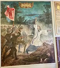 Картина в резиденции Папы римского Иоанна Павла II: Католический священник ведёт польских воинов под революционным красным знаменем на большевистские войска.