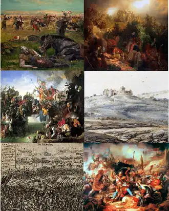 Сверху слева по часовой стрелке:битва при Крбаве (1493); битва при Мохаче (1526); осада Гвозданского замка[англ.] (1577—1578); битва при Сисаке (1593); битва при Слуне[англ.] (1584); Сигетварская битва (1566)