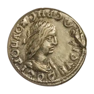 Боспорское царство. Статер Рискупорида III (210—226). Ок. 223 г. Аверс. Надпись ВАСIΛEΩC PHCKOΥПOPIΔOC. Бюст Рискупорида III, вправо. Точечный ободок.