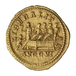 Септимий Север, Каракалла и Гета сидят на платформе. Позади стоит воин; впереди стоит Либералитас