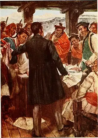 Бутанцы заставляют Эшли Идена подписать договор, 1864 год. Иллюстрация А. Д. Маккормика (1909 год).