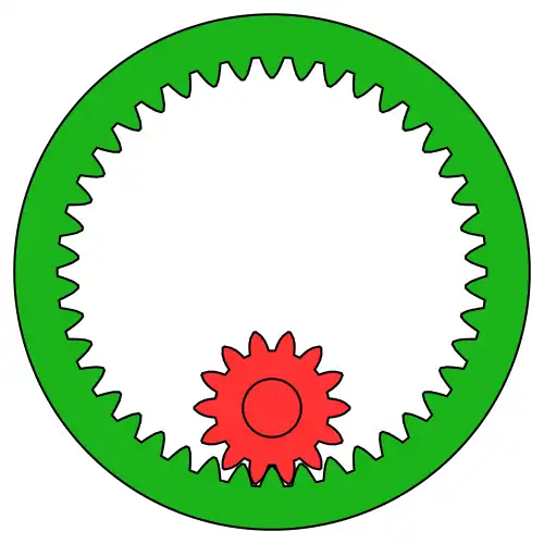 Пара зубчатых колёс с ВНУТРЕННИМ зацеплением.Передаточное число — 3 (42/14).Вращение колёс происходит сонаправленно.