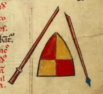 Перевёрнутый щит с гербом Мандевилей и переломленное копьё как знаки отмены