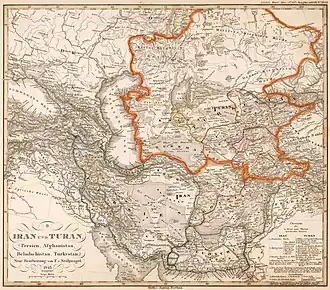 Немецкая «Карта Ирана и Турана», датированная 1850 годом (во времена династии Каджаров). Территория Турана обозначена оранжевой линией (здесь усилено). Название «Туран» появляется к востоку от Аральского моря. Согласно легенде (внизу справа на карте), Туран охватывает территории современных Казахстана, Кыргызстана, Узбекистана, Таджикистана, Туркменистана и северные провинции Афганистана и Пакистана. Эта область примерно соответствует современным понятиям Средней и, в меньшей степени, Центральной Азии.
Список областей, упомянутых на карте как часть Турана: 1. Хорезм 2. Бухара с Балхом 3. Шахрисабз 4. Гиссар 5. Коканд 6. Дарваз 7. Каратегин 8. Кундуз 9. Кафиристан 10. Читрал 11. Гилгит 12. Искарду 13. Кыргызстан 14. Северные степи (Казахстан).