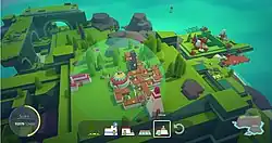 Вид на остров с построенными на нём зданиями. На первом плане дома окружают здание цирка, на заднем плане справа находится несколько полей и промышленных зданий.