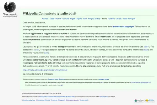 Скриншот Итальянской Википедии 3 июля 2018 года